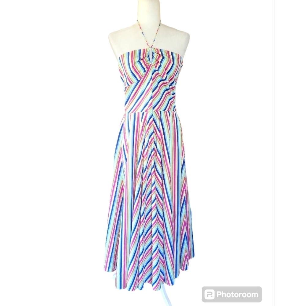 Vintage Lauren Ralph Lauren A line midi halter dress striped green blue pink Med